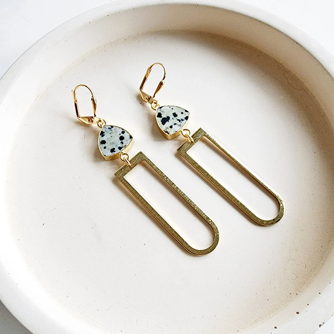 Dalmatian Jasper Arch Dangle Earrings in Brushed Brass Gold