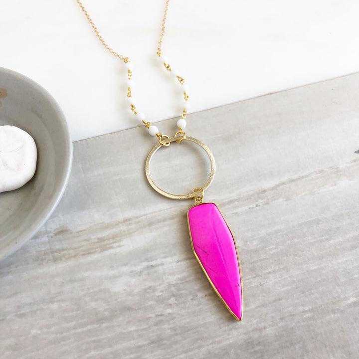 Long Colorful Stone Shield Necklace in Gold