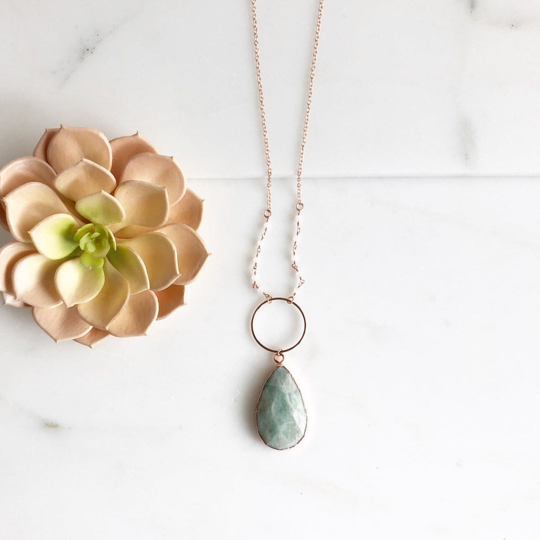 Long Rose Gold Amazonite Necklace with Foggy White Beading Accents