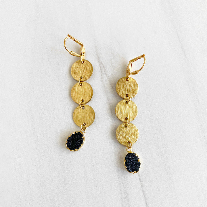 Long Gold Dangle Earrings in Brushed Brass with Black Druzy Stone