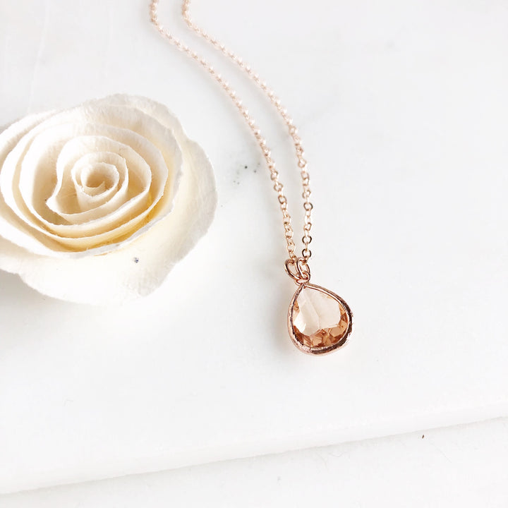 Rose Gold Champagne Glass Teardrop Necklace. Bridal Jewelry. Bridesmaids Gifts.