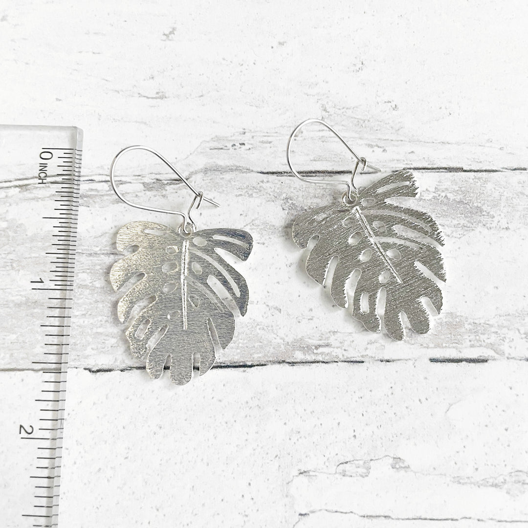 Monstera Leaf Dangle Earrings in Brushed Silver. Plant Dangle Earrings