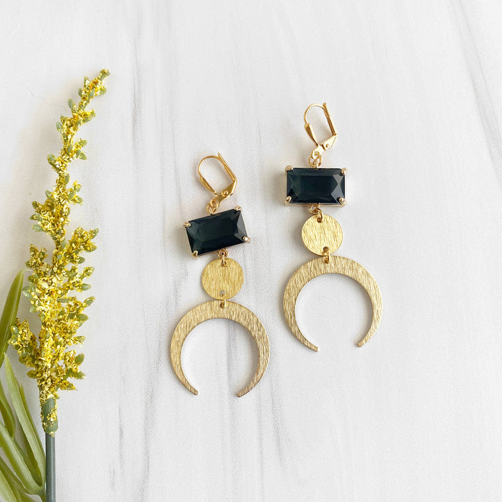 Long Gold Crescent Earrings with Black Onyx
