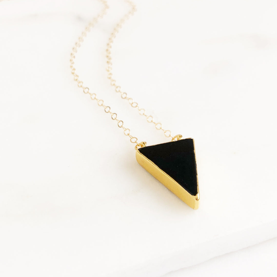 Black Triangle Necklace in Gold. Black Stone Necklace