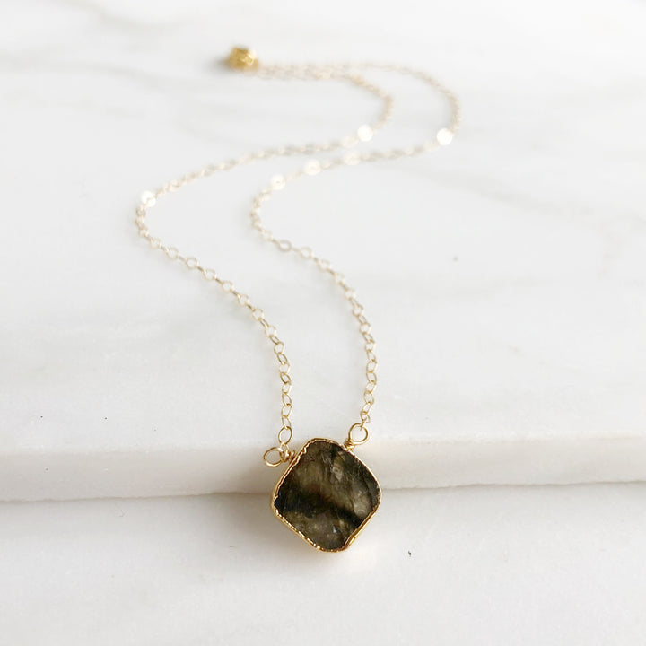 Labradorite Gemstone Slice Necklace. Diamond Shaped Labradorite Dainty Gemstone Layering Necklace.