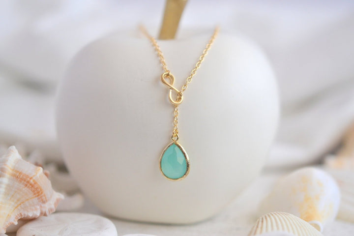 Aqua Teardrop and Gold Infinity Lariat Necklace. Lariat Necklace. Mint Necklace. Gift. Bridesmaid Jewelry