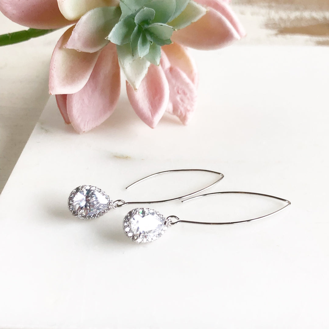 Silver and Cubic Zirconia Stone Drop Earrings. Bridesmaid Gift. Silver Bridal Drop Earrings.