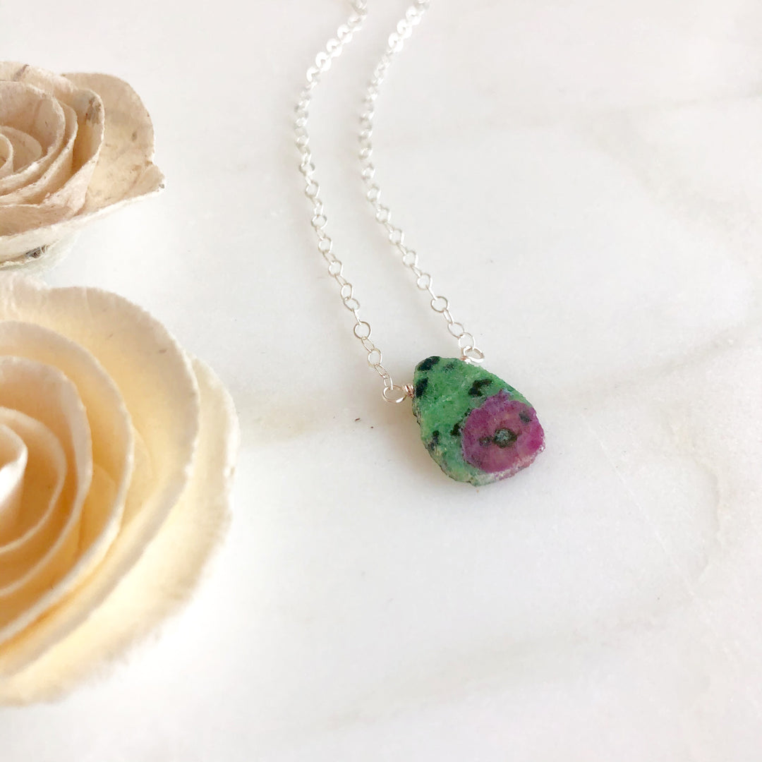 Ruby Zosite Gemstone Slice Pendant Necklace in Silver. Green Stone Layering Necklace