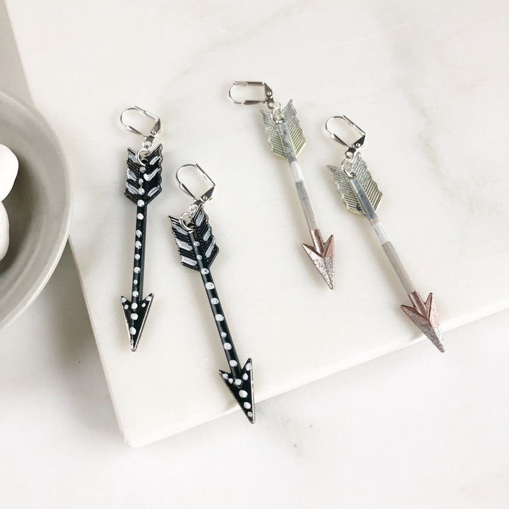 Arrow Dangle Earrings in Silver. Black and White Drop Arrow Earrings. Boho Chic Arrow Earrings. Bohemian Earrings. Gift