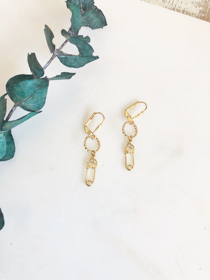 Gold Cubic Zirconia Safety Pin Earrings. Small Gold Dangle Earrings