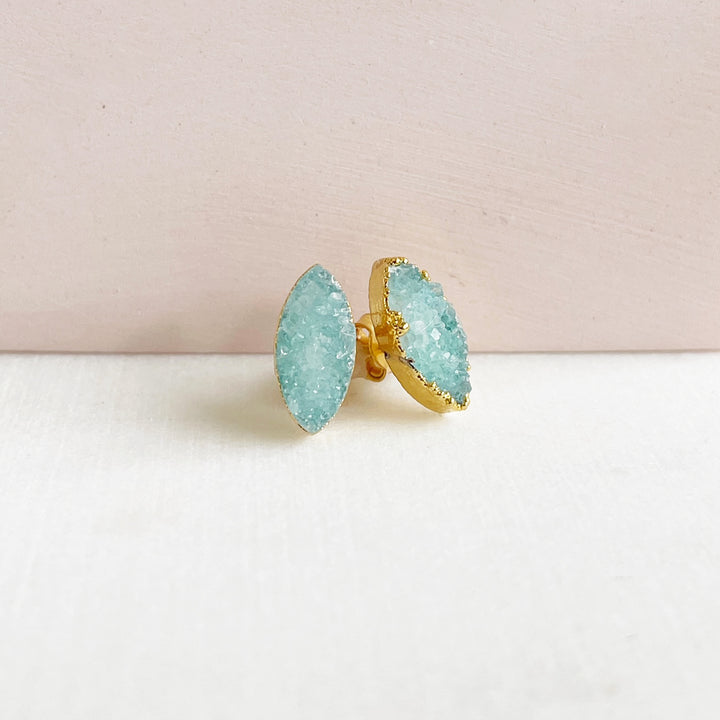 Marquise Stud Earrings. Aqua Druzy Stud Earrings in Gold