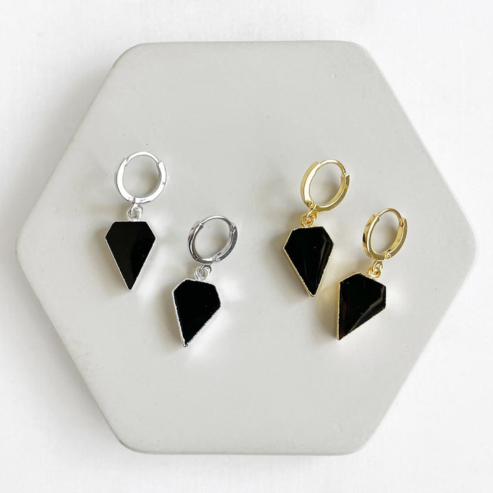 Dainty Black Onyx Diamond Stone Drop Earrings in Gold