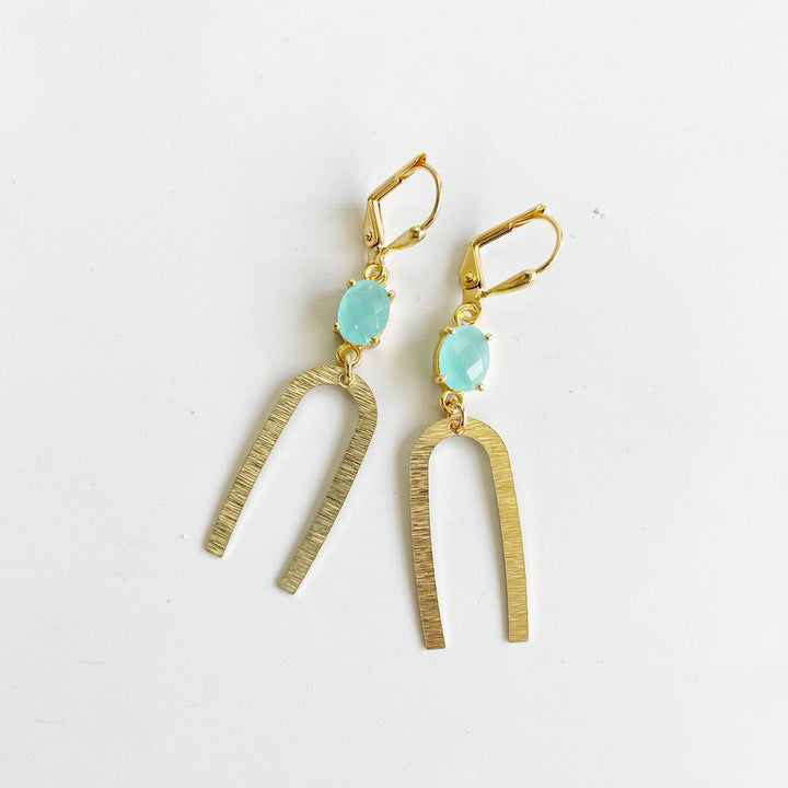 Gold Horseshoe Earrings with Aqua Stones