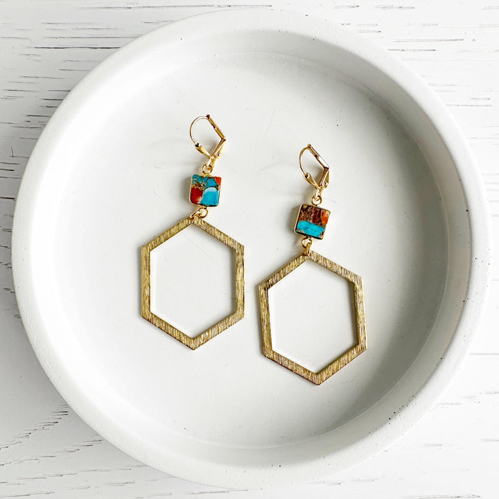 Turquoise Stone Hexagon Statement Earrings in Brushed Brass Gold