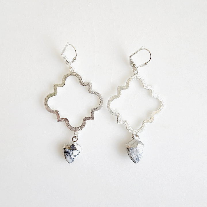 Quatrefoil Fashion Earrings with Shield Shaped Stone in Brushed Silver