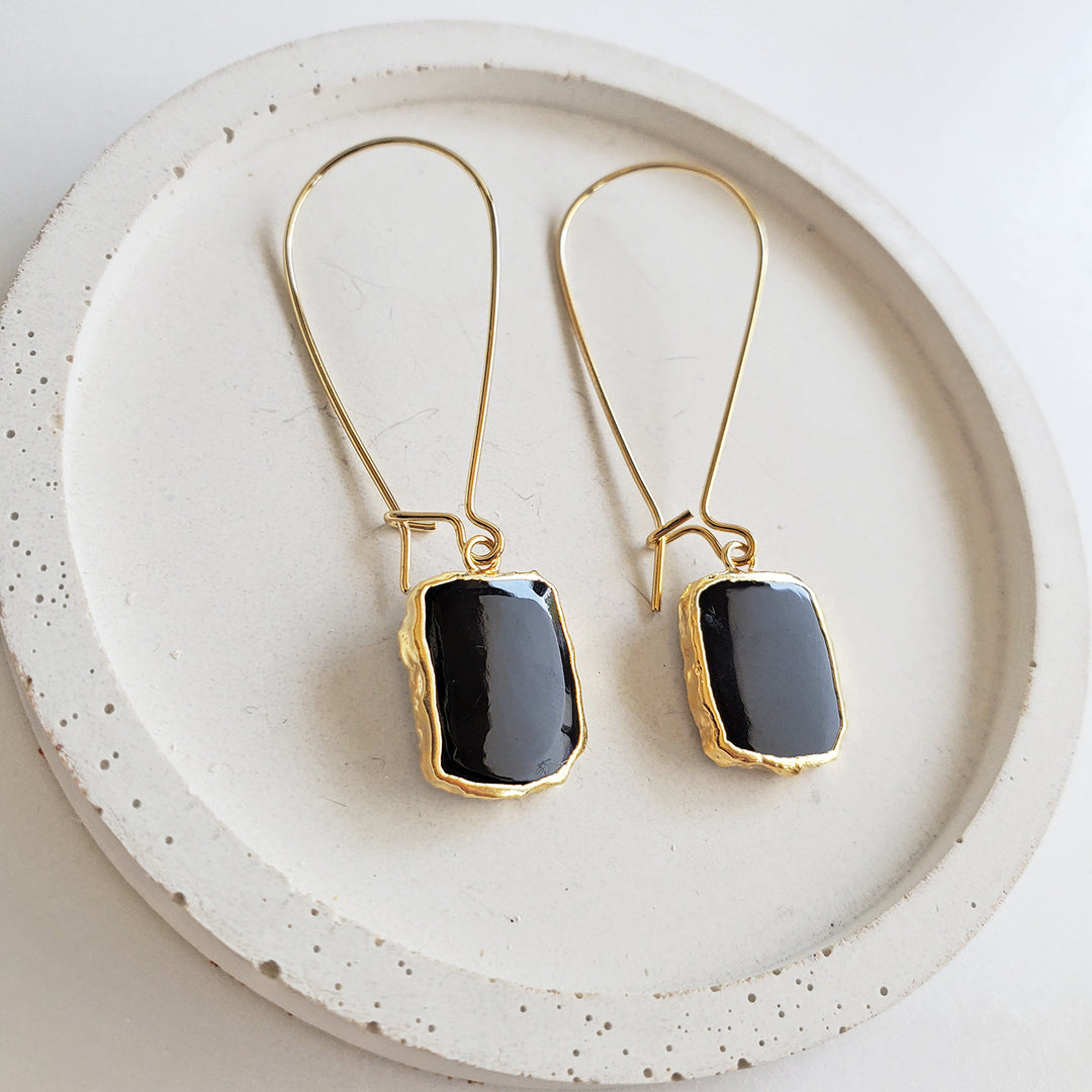 Black Onyx Drop Earrings in Gold. Medium Ear wires