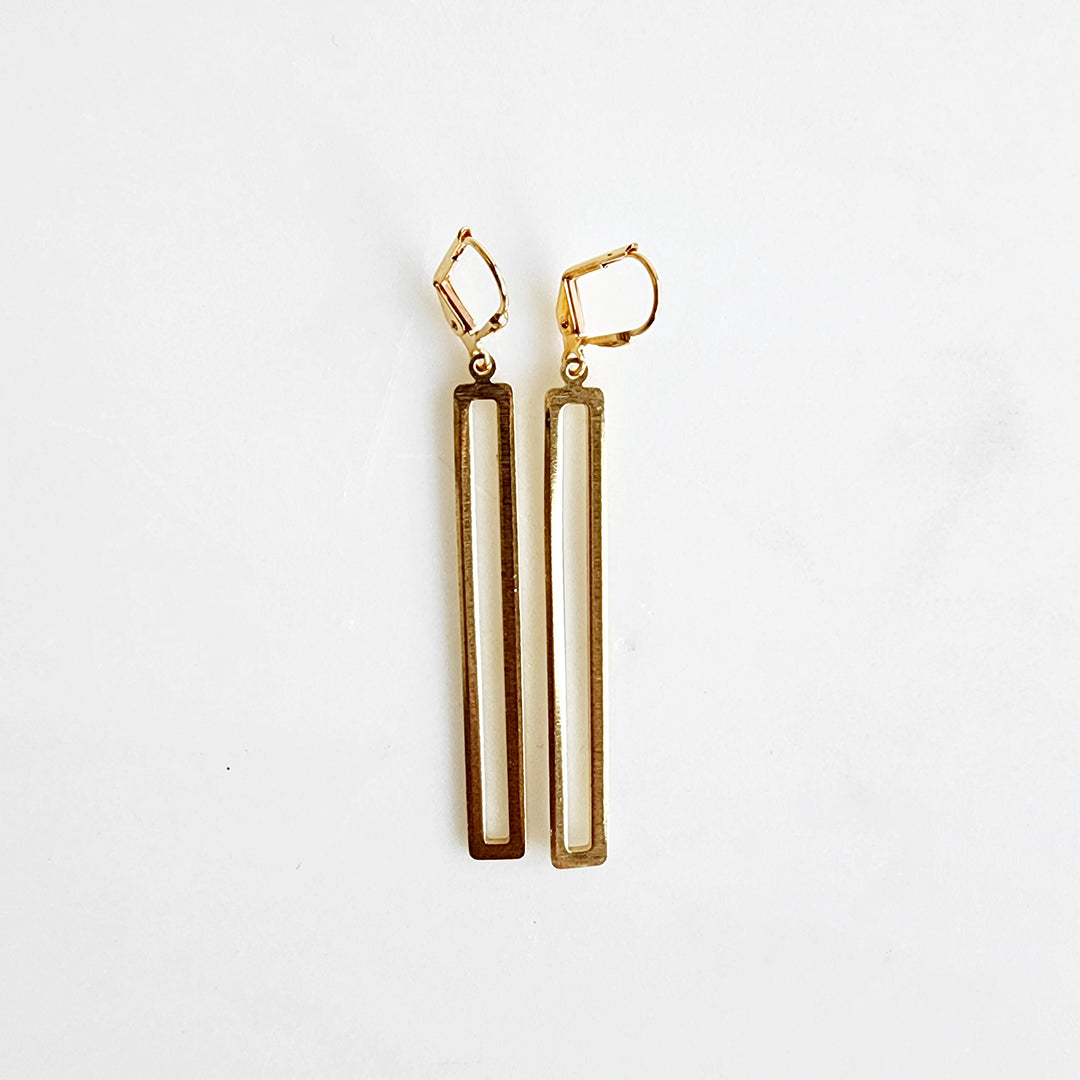 Long Open Rectangle Earrings in Brushed Brass Gold