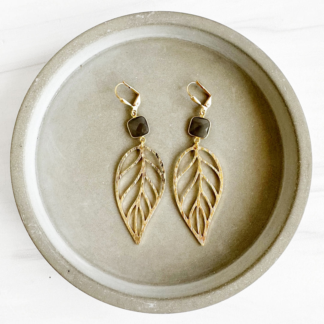 Labradorite Leaf Statement Earrings in Brushed Brass Gold