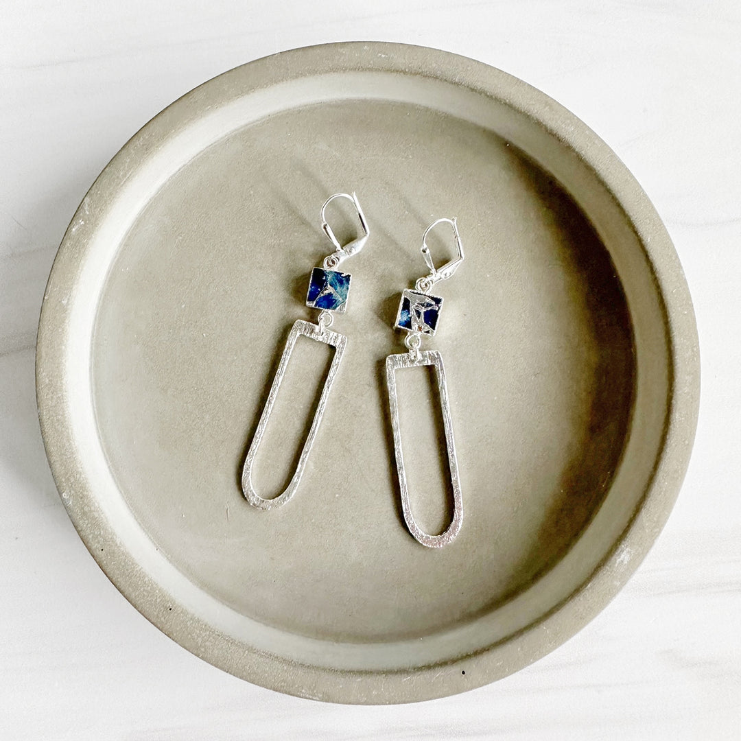 Sapphire Blue Mojave Horseshoe Earrings in Brushed Silver