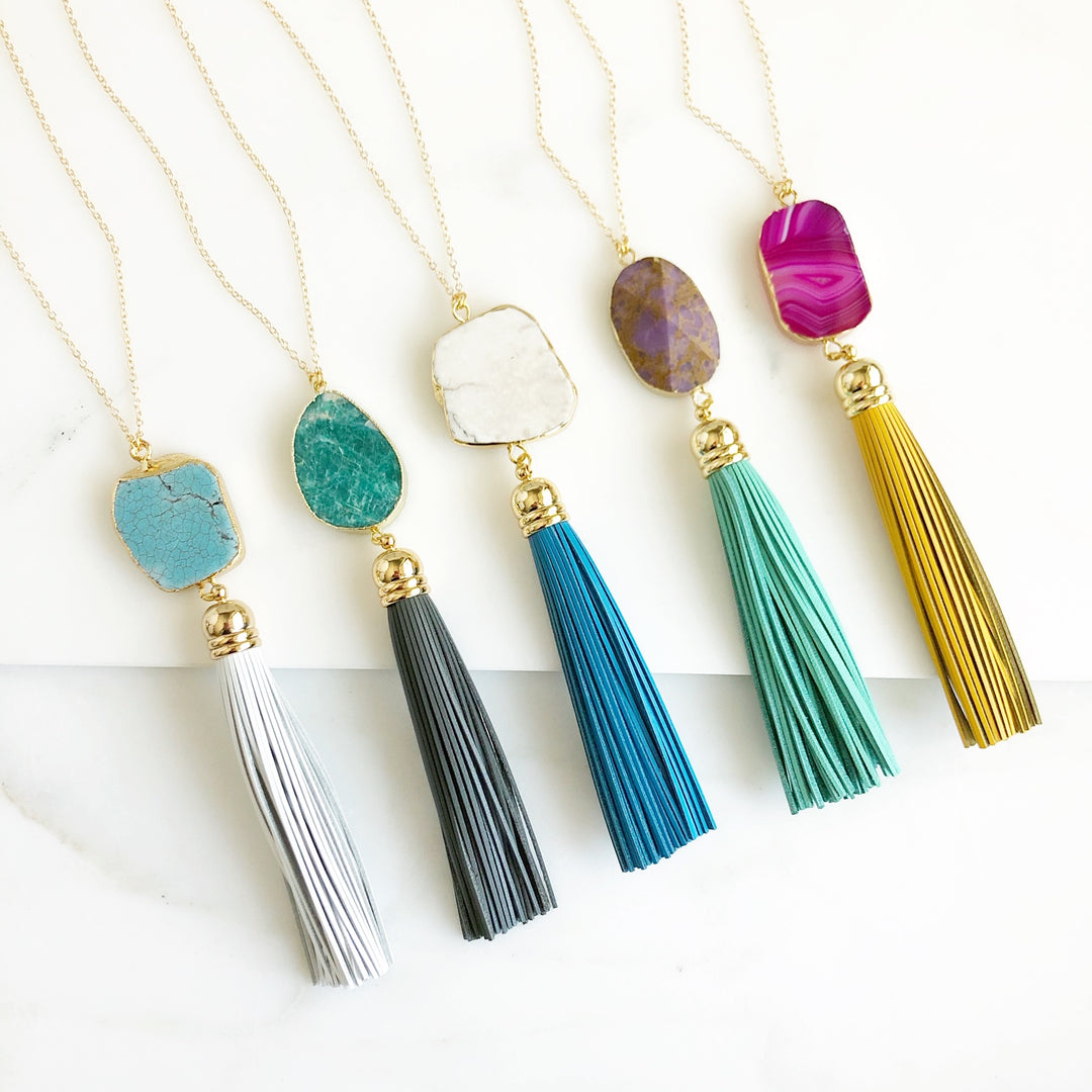 Tassel Necklace. Leather Tassel Necklace. Long Tassel Necklace. Boho Tassel Jewelry. Gold Necklace.