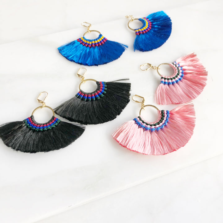 Fan Tassel Earrings - Blue Pink and Black. Statement Dangle Earrings