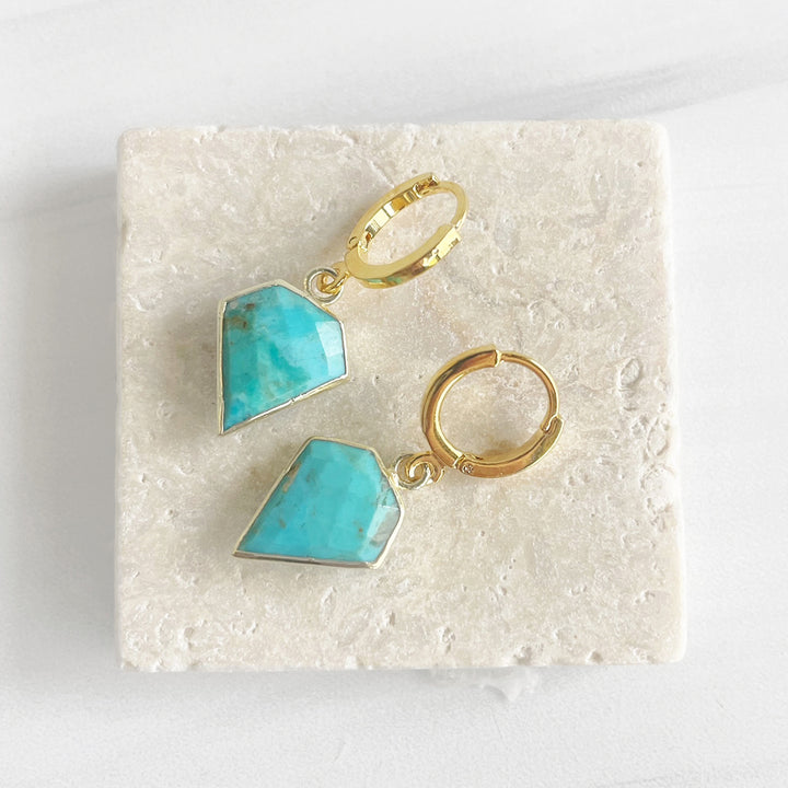 Dainty Turquoise Shield Stone Drop Earrings in Gold