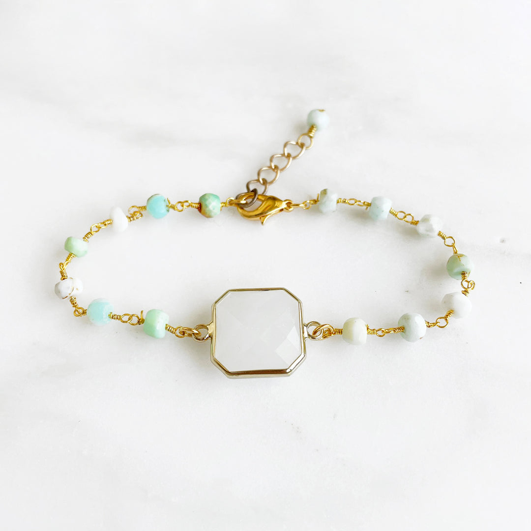 White Stone and Amazonite Beaded Bracelet in Gold