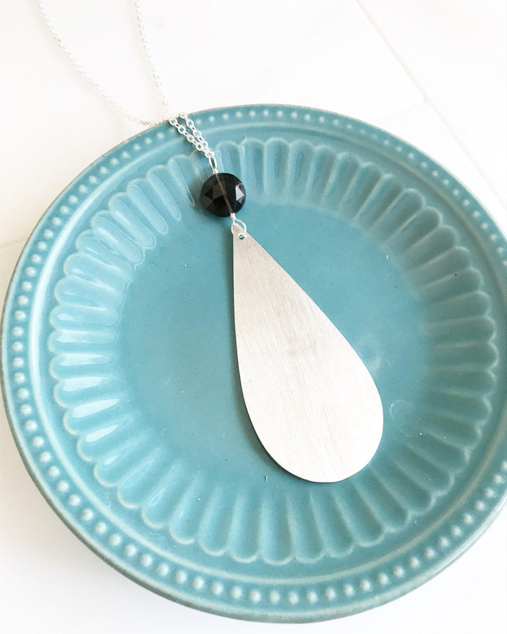 Long Boho Brushed Silver Teardrop and Smoky Quartz Pendant Necklace