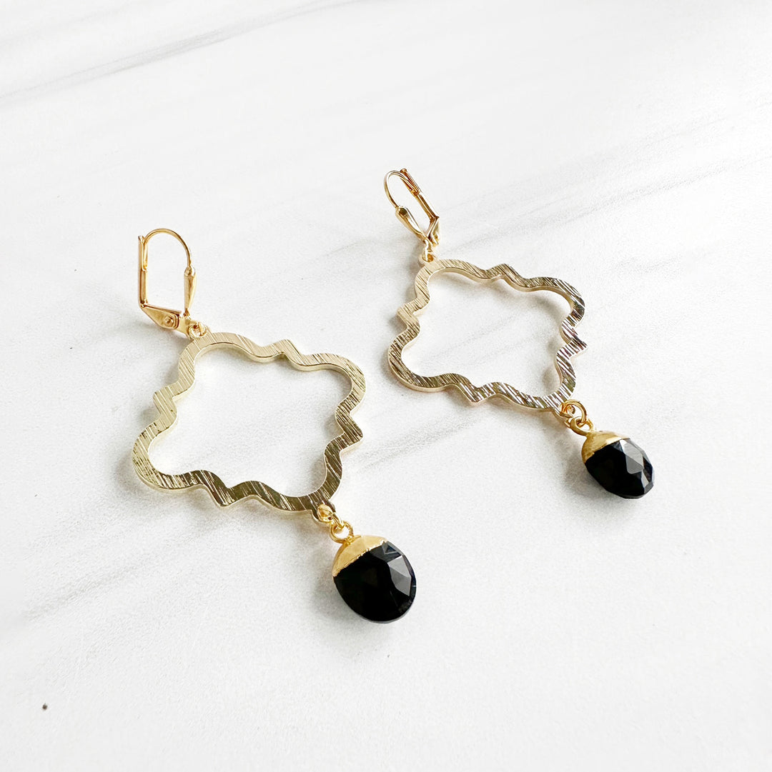 Black Onyx Quatrefoil Earrings with Marquise Stone in Brushed Brass Gold