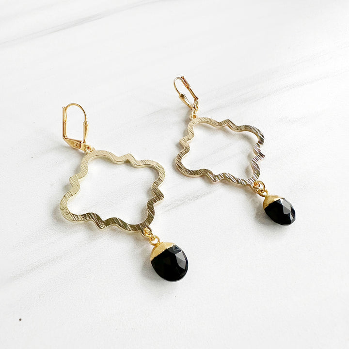 Black Onyx Quatrefoil Earrings with Marquise Stone in Brushed Brass Gold