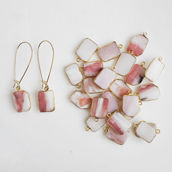 Freeform Pink Opal Gemstone Slice Drop Earrings in Gold