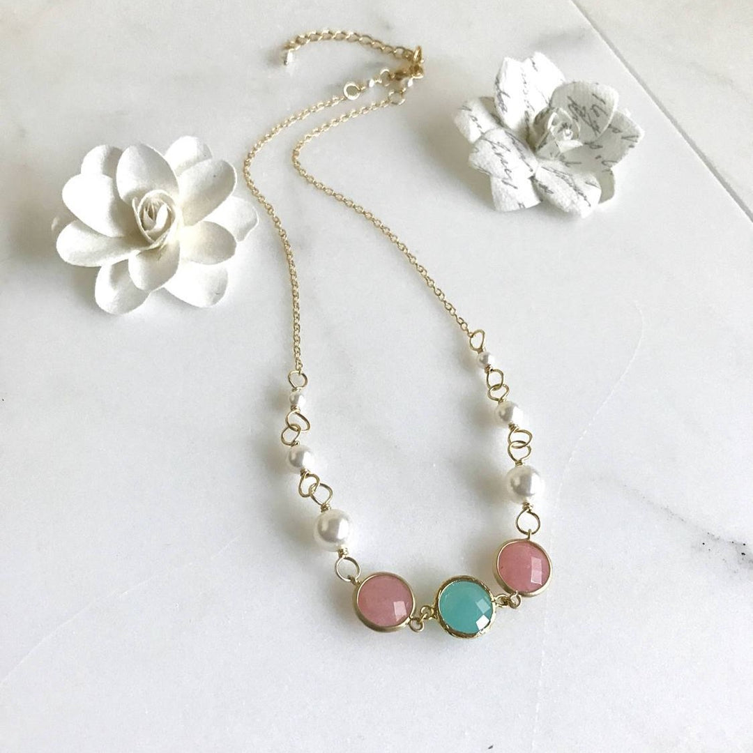 Bridesmaid Jewelry Coral Pink and Turquoise Jewel and White Pearl Statement Fashion Necklace. Wedding Jewelry. Bridal Party Jewelry.