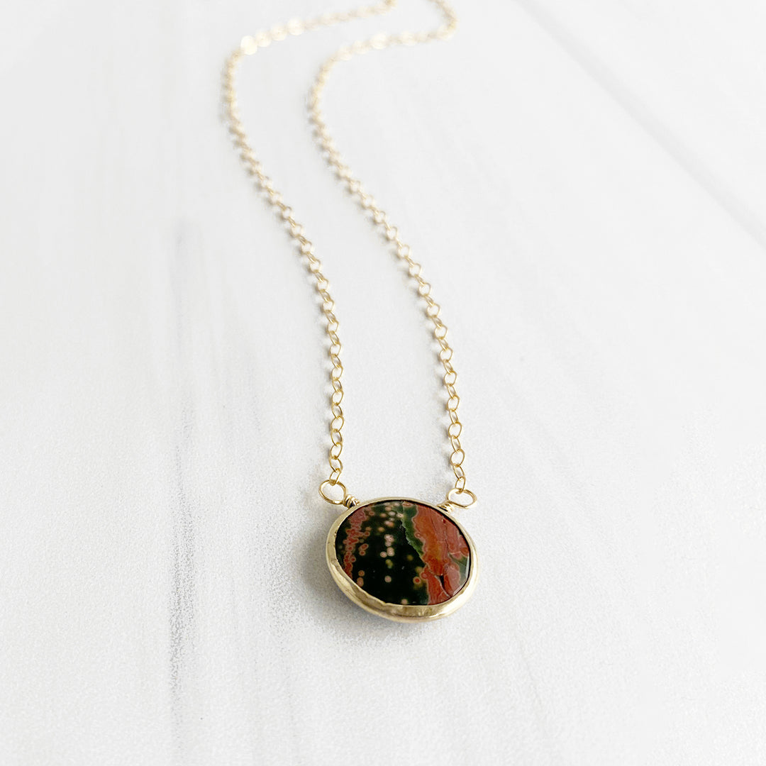 Round Jasper Pendant Necklace. Dainty Gold Layering Necklace