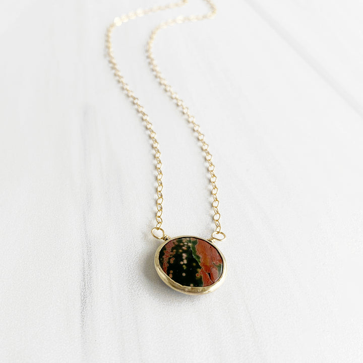 Round Jasper Pendant Necklace. Dainty Gold Layering Necklace