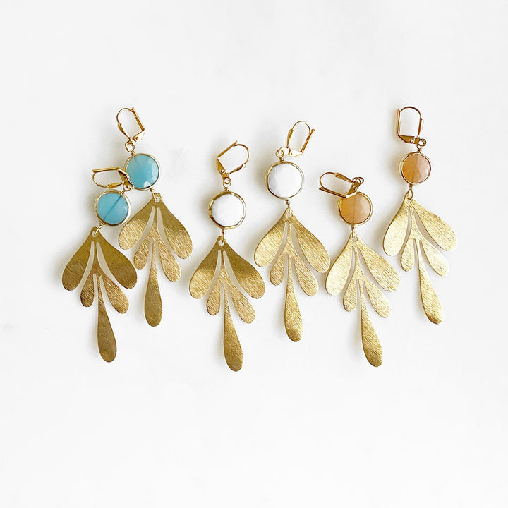 Gold Long Leaf Earrings with Gemstone Bezels