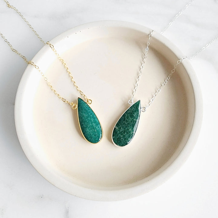 Long Emerald Teardrop Bezel Stone Statement Necklace in Gold and Silver