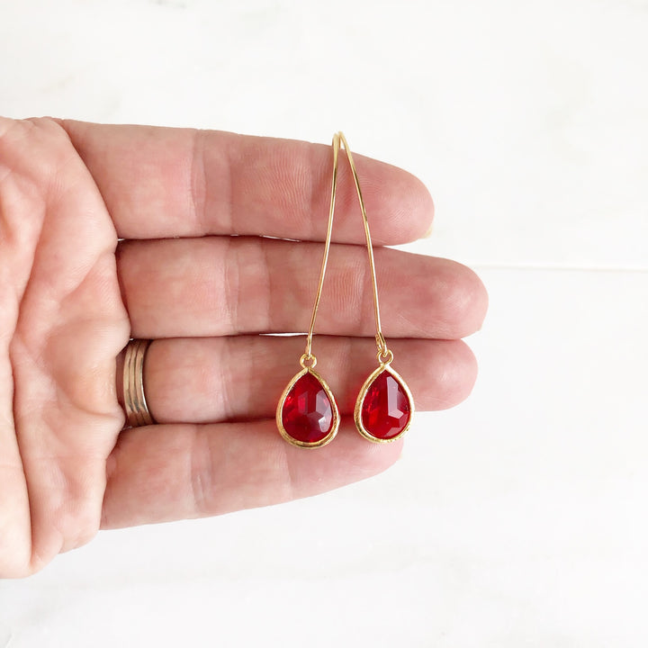 Red Drop Earrings in Gold. Red Holiday Jewelry. Christmas Earrings