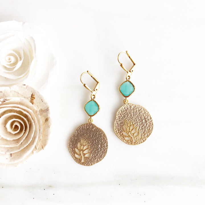 Gold Turquoise Cut Out Leaf Earrings. Gold Nature Earrings. Gold Plant Earrings. Turquoise Stone.