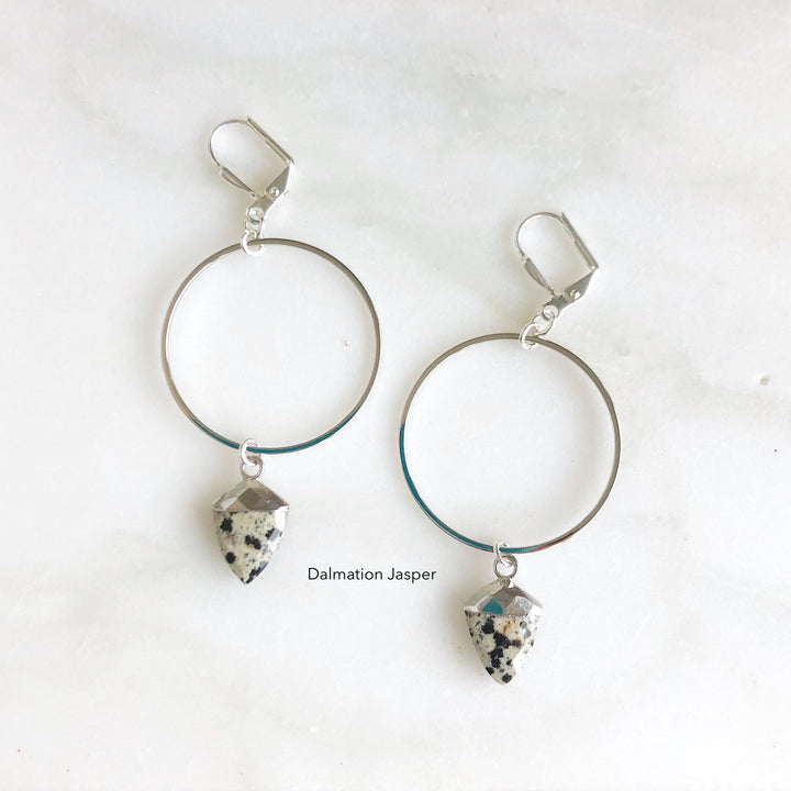 Silver Hoop Earrings with Gemstone Shield Pendants