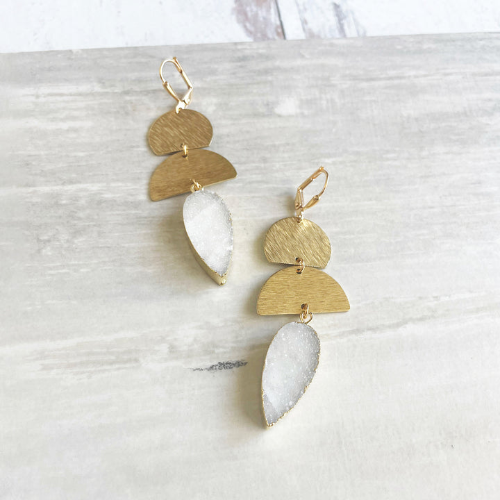 White Druzy Statement Earrings with Brushed Brass Accents