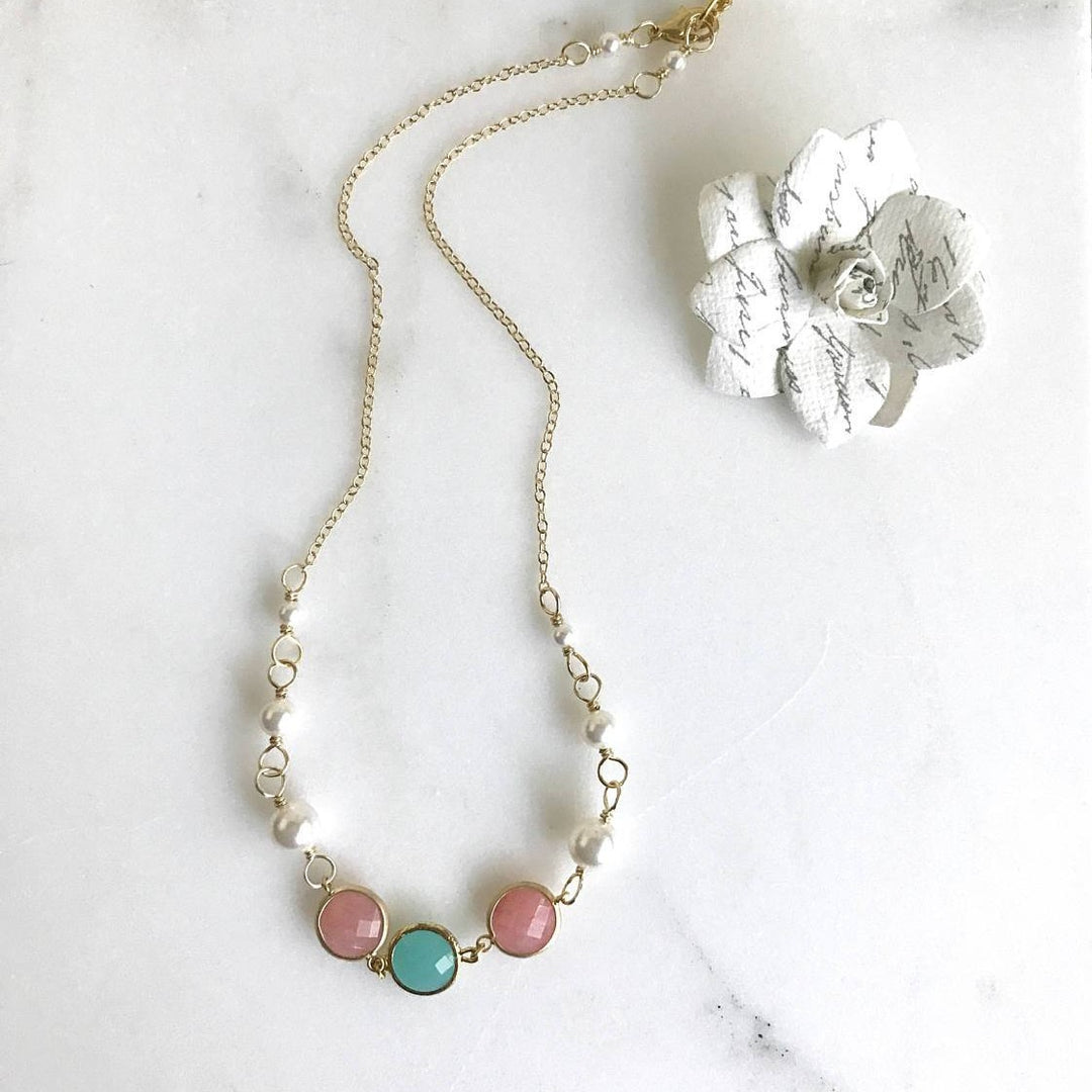Bridesmaid Jewelry Coral Pink and Turquoise Jewel and White Pearl Statement Fashion Necklace. Wedding Jewelry. Bridal Party Jewelry.