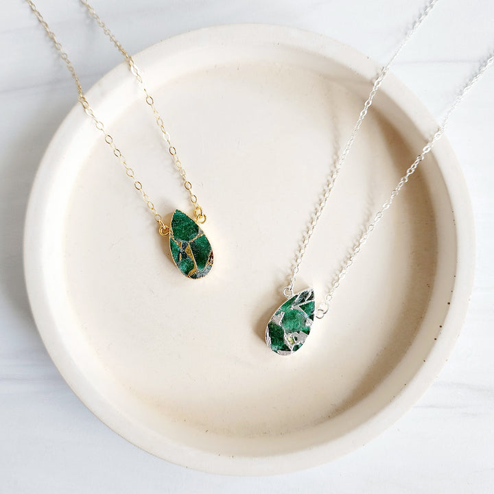 Emerald Green Mojave Teardrop Necklace in Gold and Silver