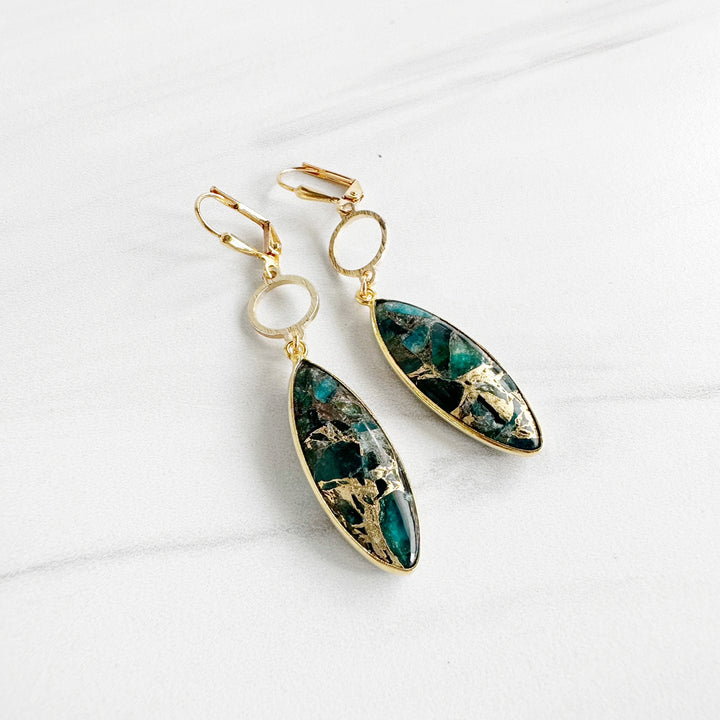 Teal Stone Circle Dangle Earrings in Brushed Brass Gold