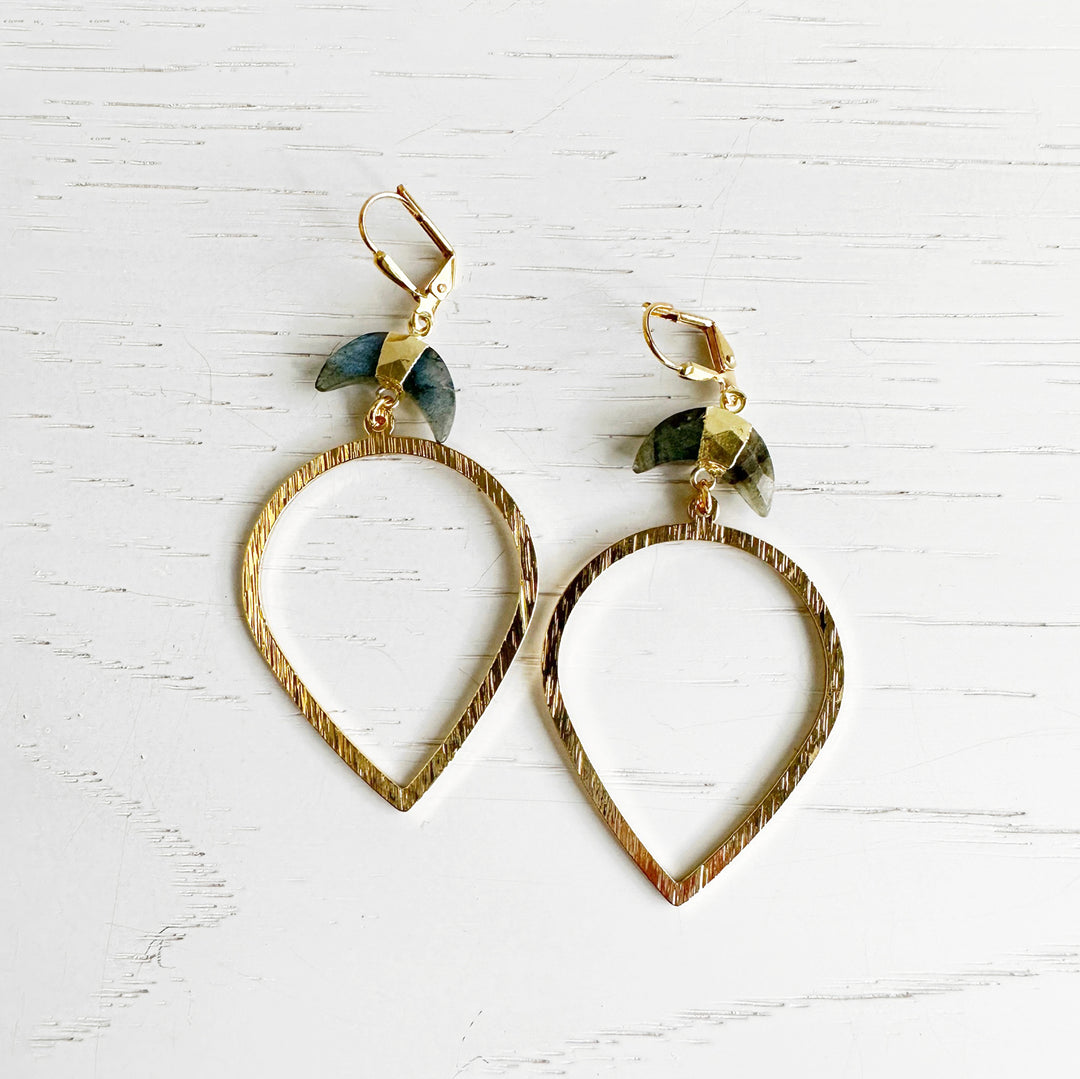 Crescent Stone Inverted Teardrop Statement Earrings in Brushed Brass Gold