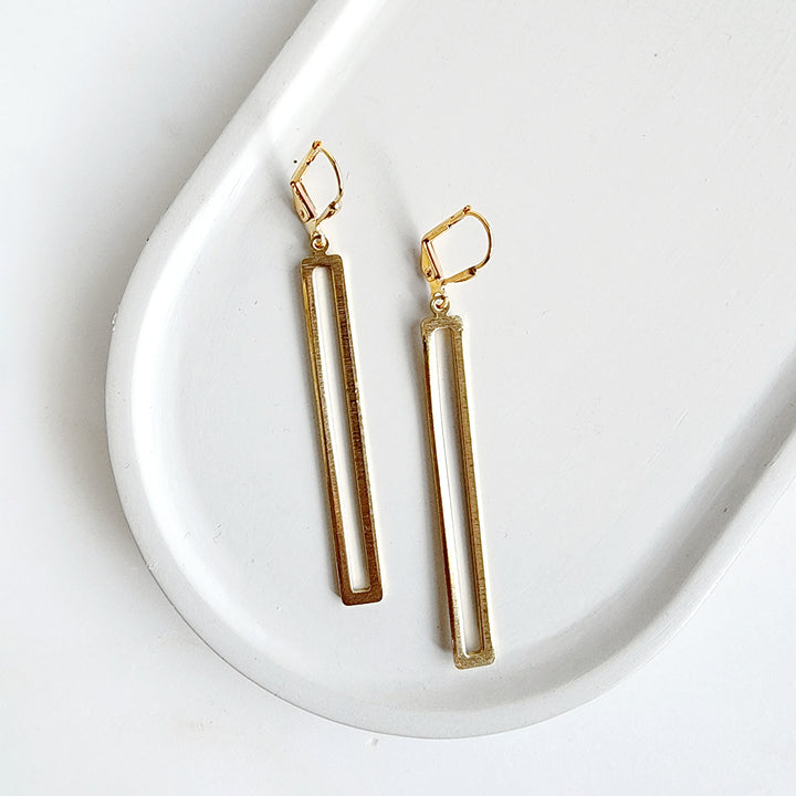 Long Open Rectangle Earrings in Brushed Brass Gold