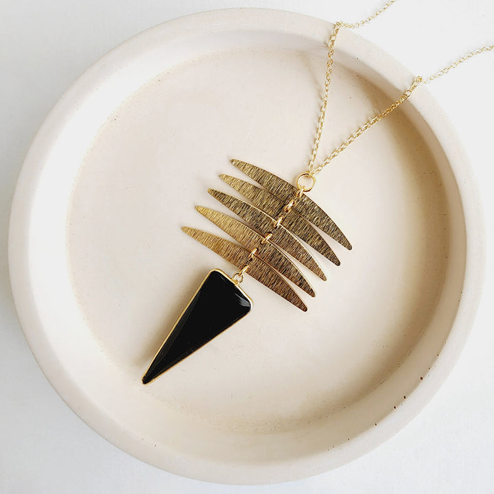 Long Bezel Necklace with Rotating Brass Pendant in Gold