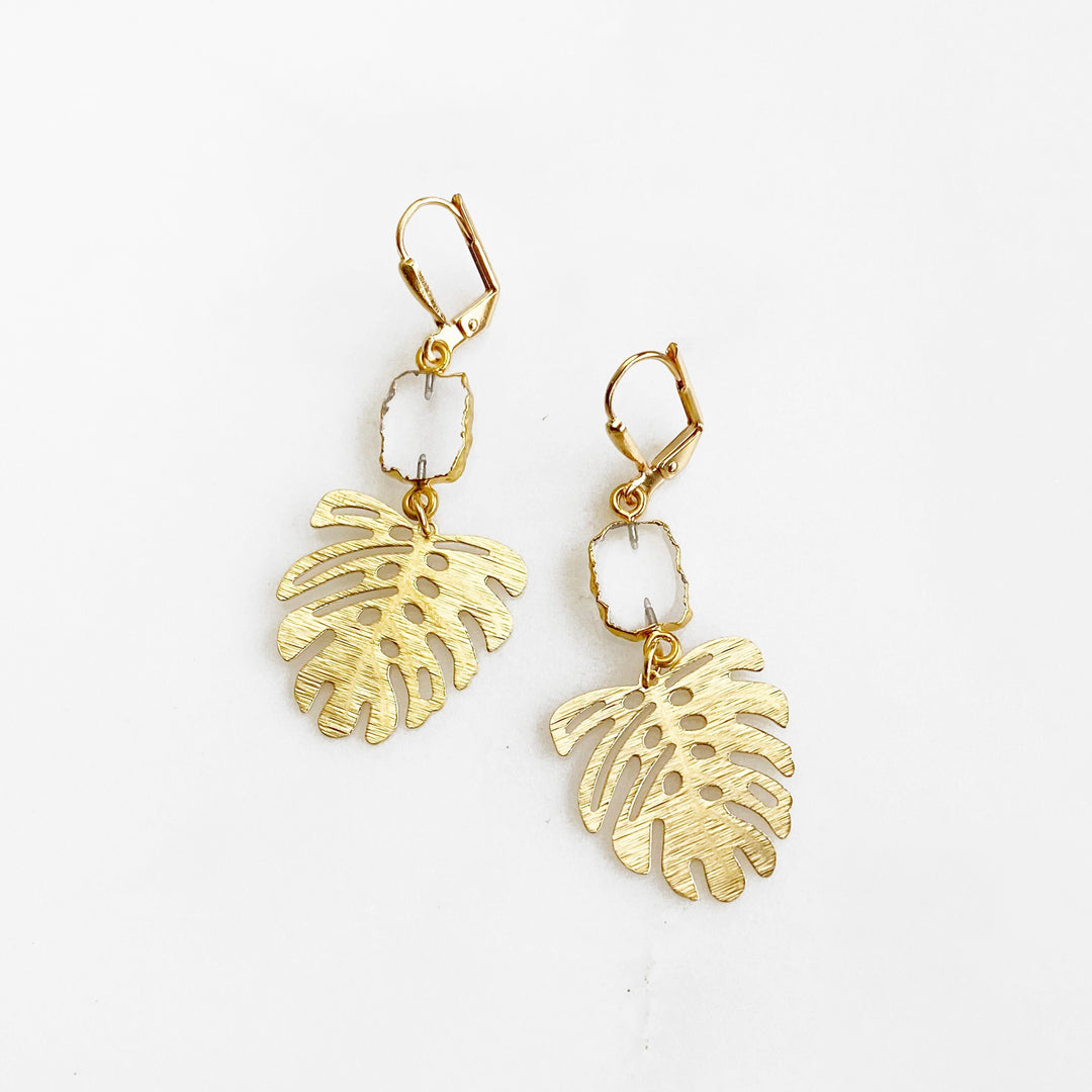 Clear Crystal Quartz and Monstera Leaf Dangle Earrings. Gold Plant Statement Earrings