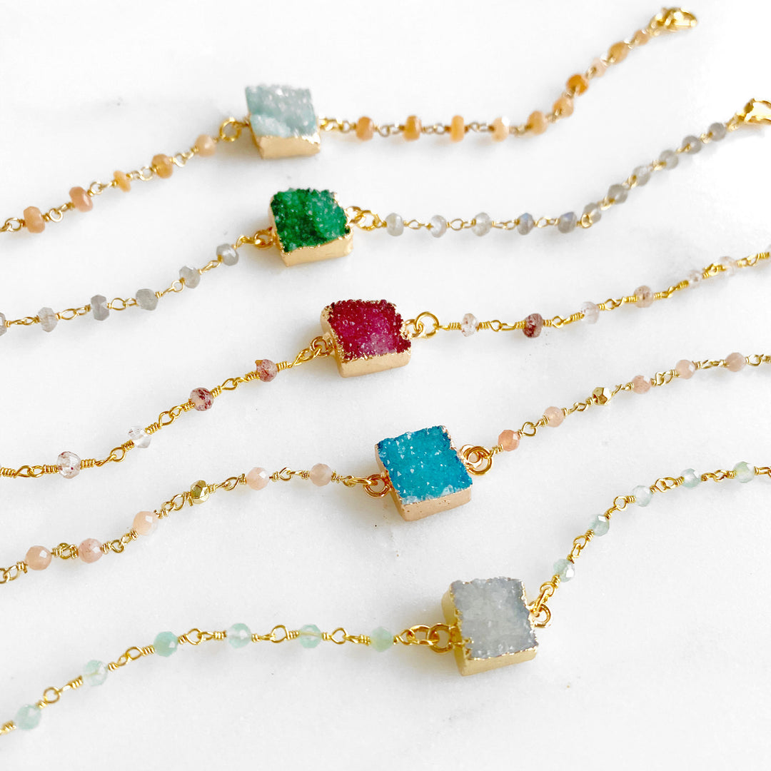 Beaded Druzy Bracelets. Dainty Gold Chain Bracelet. Square Stone Bracelet