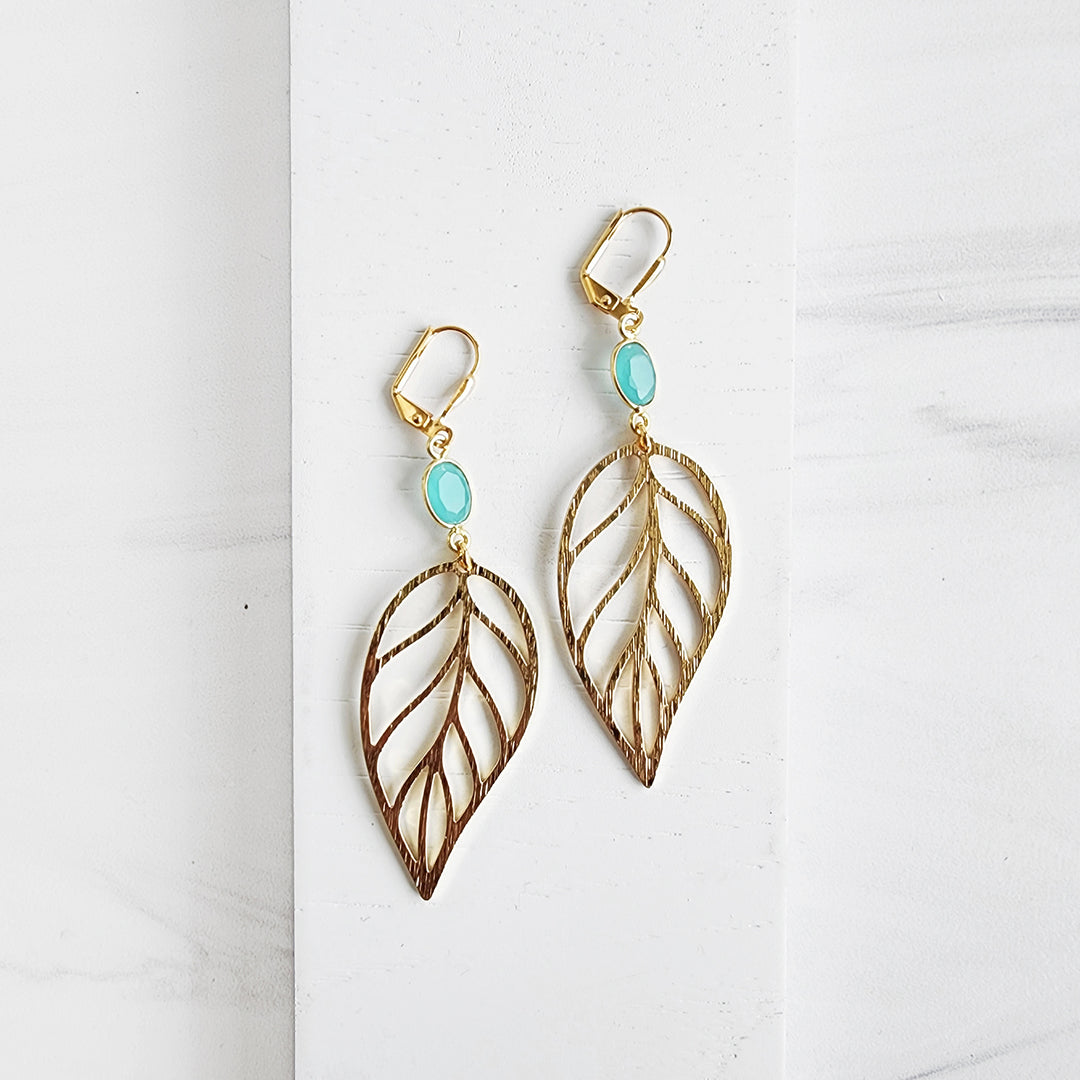Turquoise Leaf Statement Earrings in Brushed Brass Gold