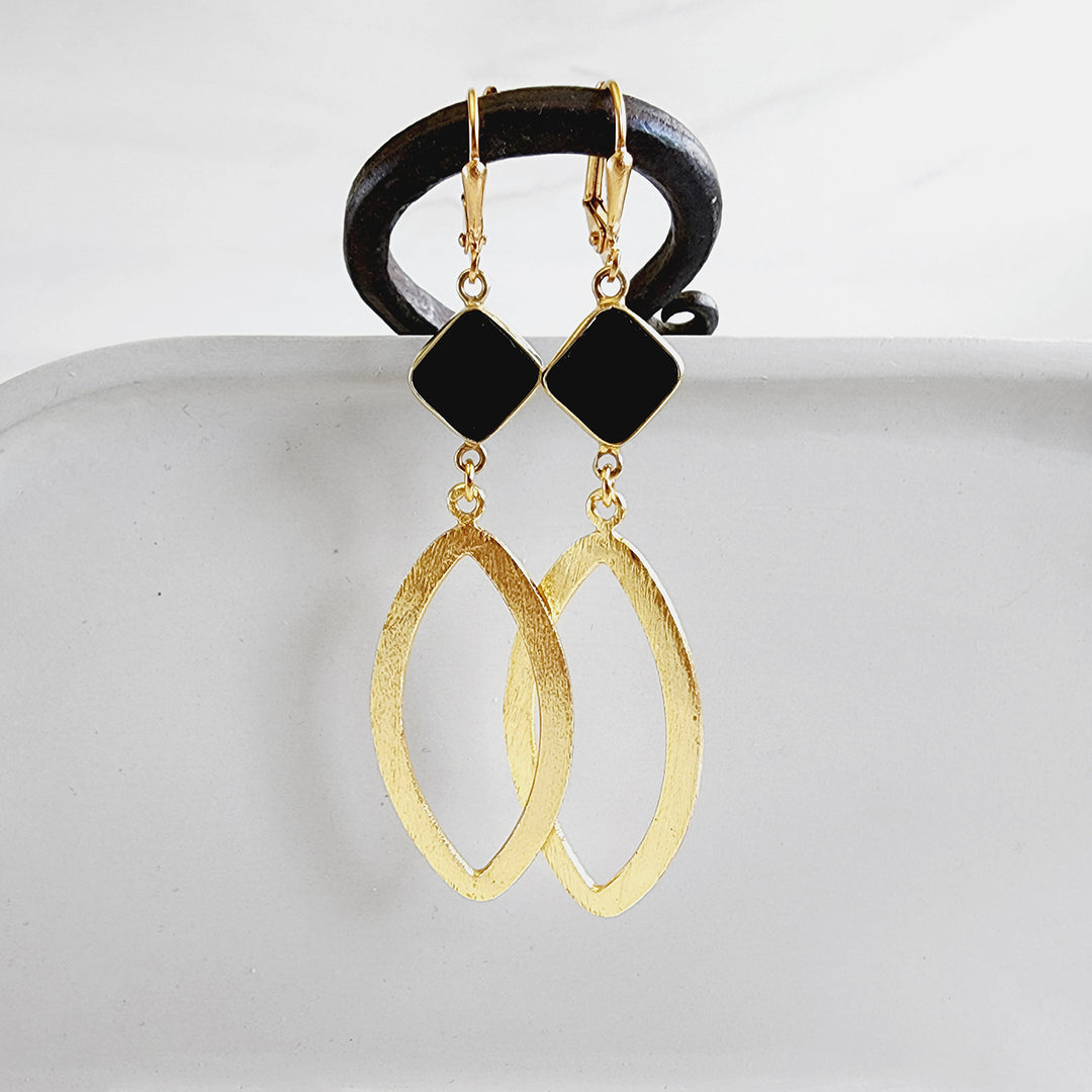 Diamond Shaped Black Onyx Marquise Earrings in Brushed Brass Gold